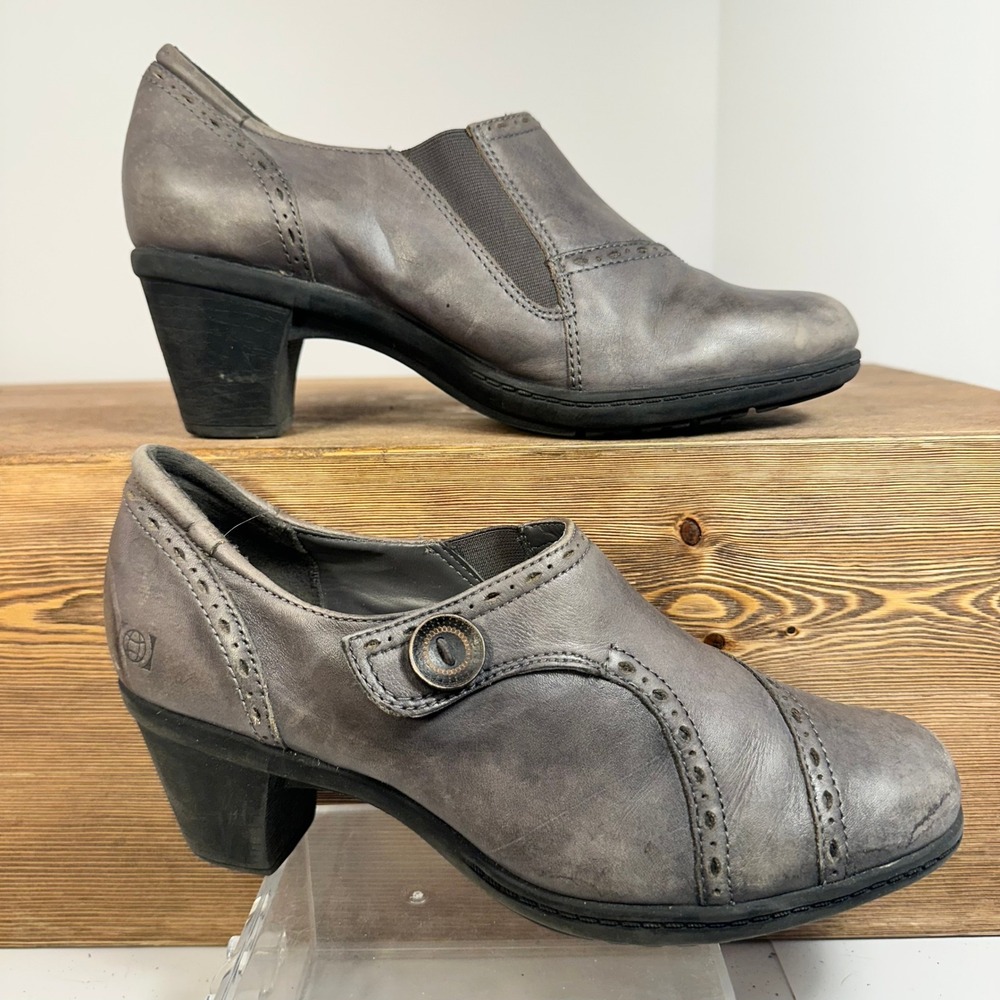 Earth Origins Marla Leather Loafer Heels Womens 8 Gray Granny Chic Dark Academia